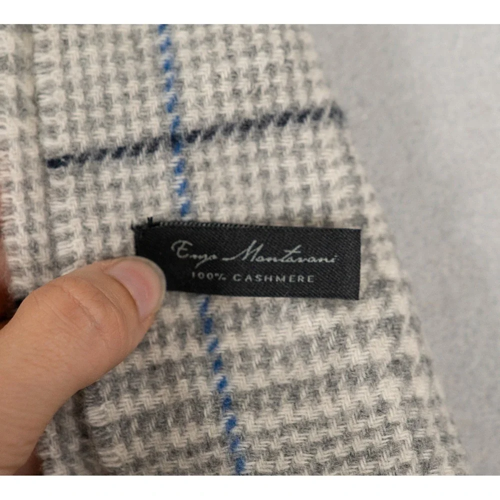 Enzo Mantovani Womens Mens Scarf 100% Cashmere Glen Plaid Fringe Grey Blue